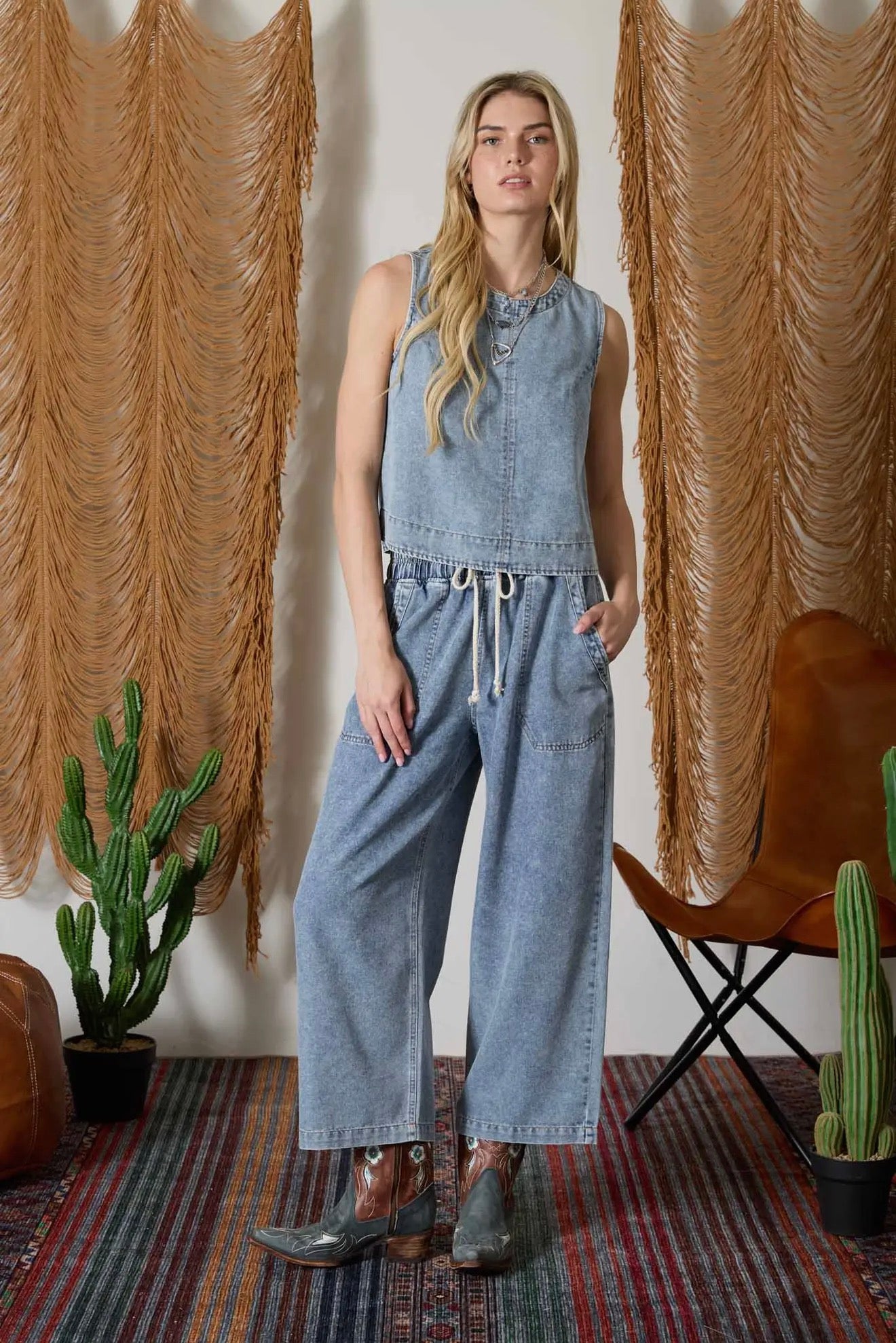 Washed Denim Back Button Top