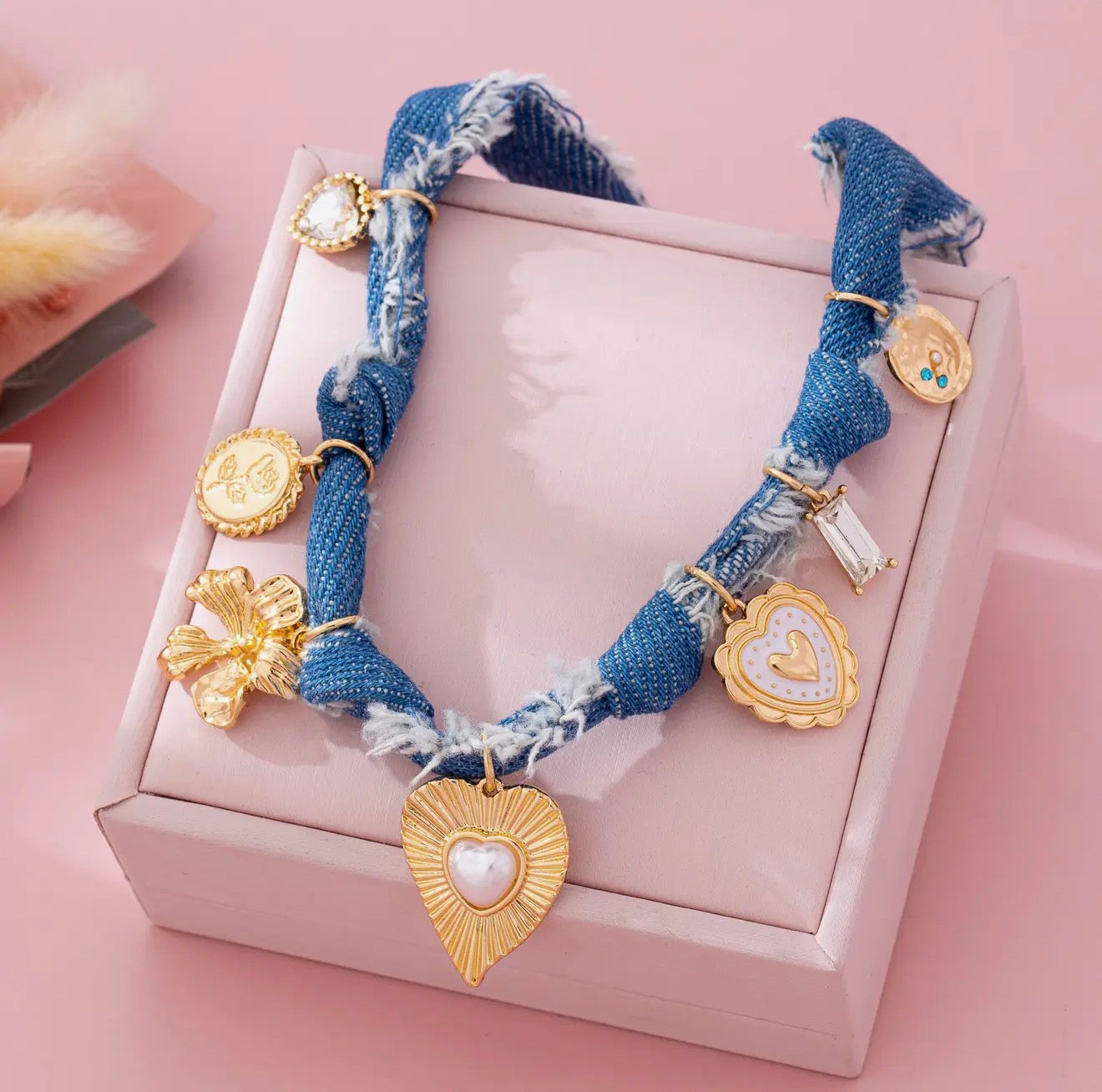 Distressed Denim Heart Floral Charm Necklace