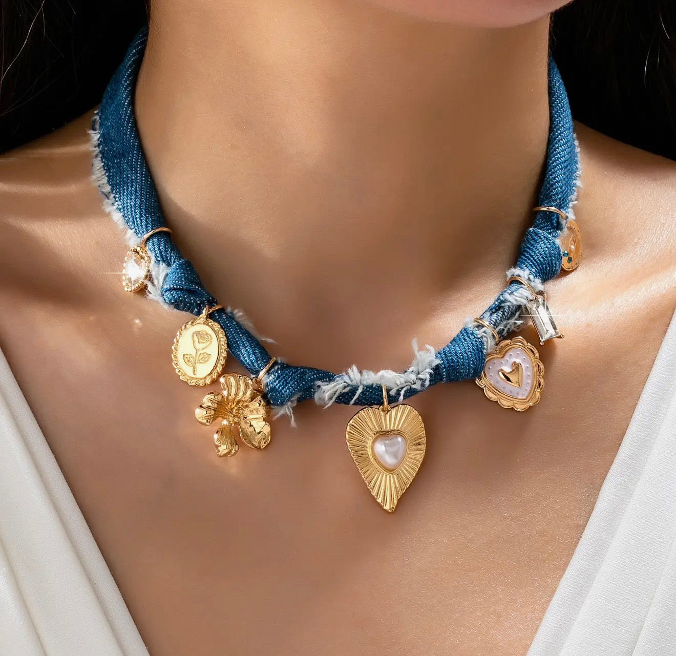 Distressed Denim Heart Floral Charm Necklace