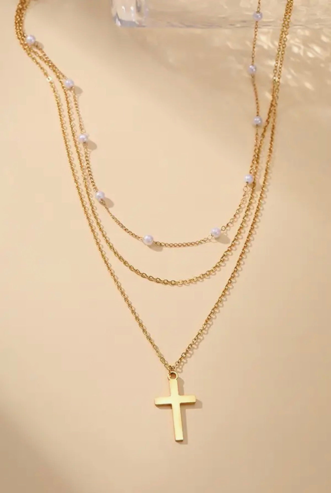 Layered Cross Pearl Necklace