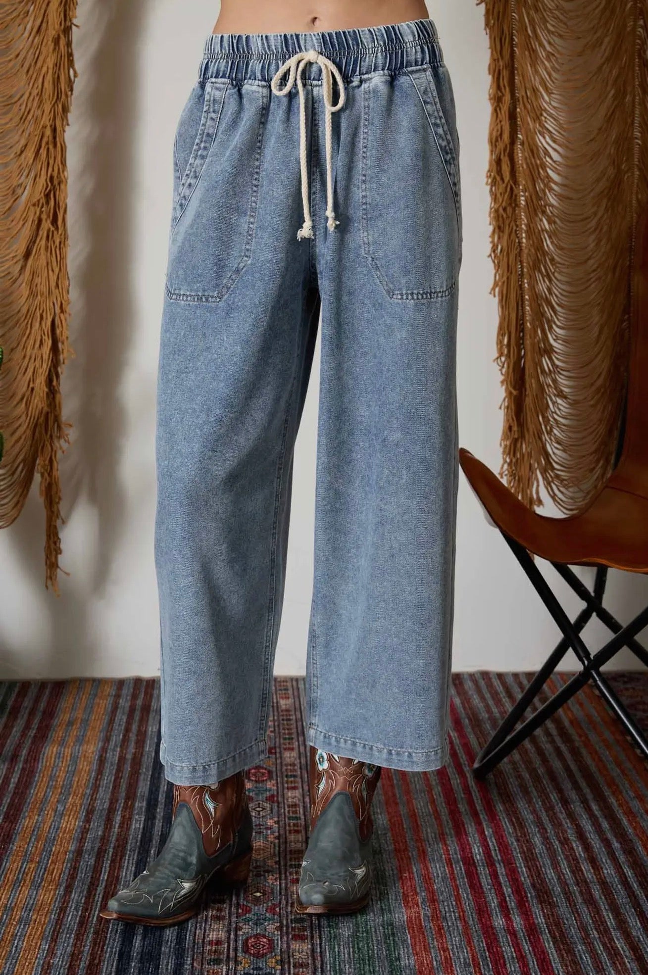 Washed Drawstring Waist Wide Leg Denim Pant