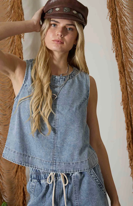 Washed Denim Back Button Top
