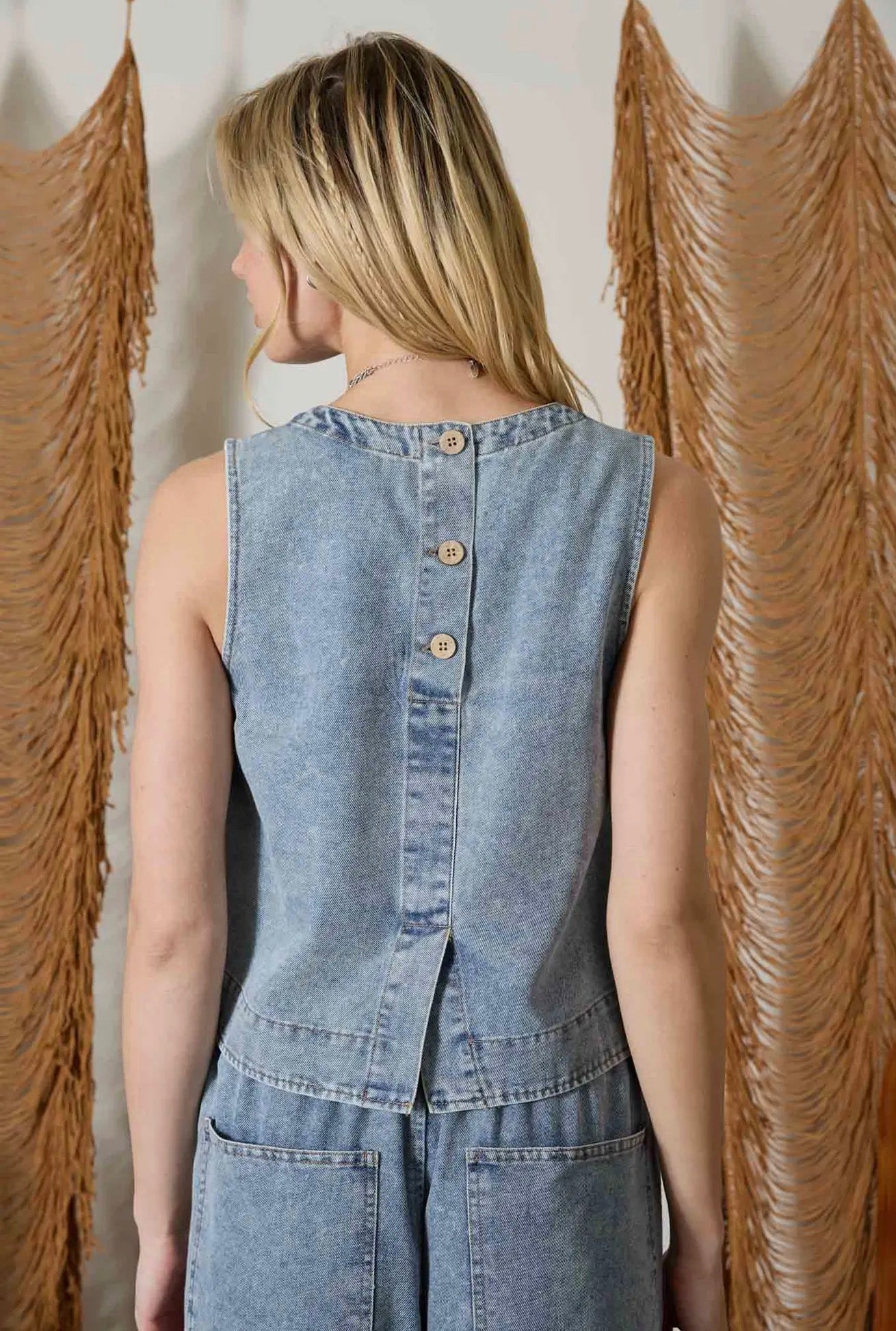 Washed Denim Back Button Top