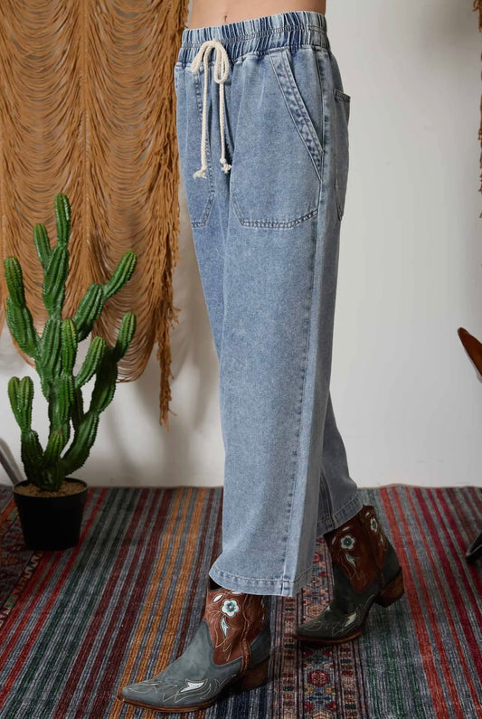 Washed Drawstring Waist Wide Leg Denim Pant
