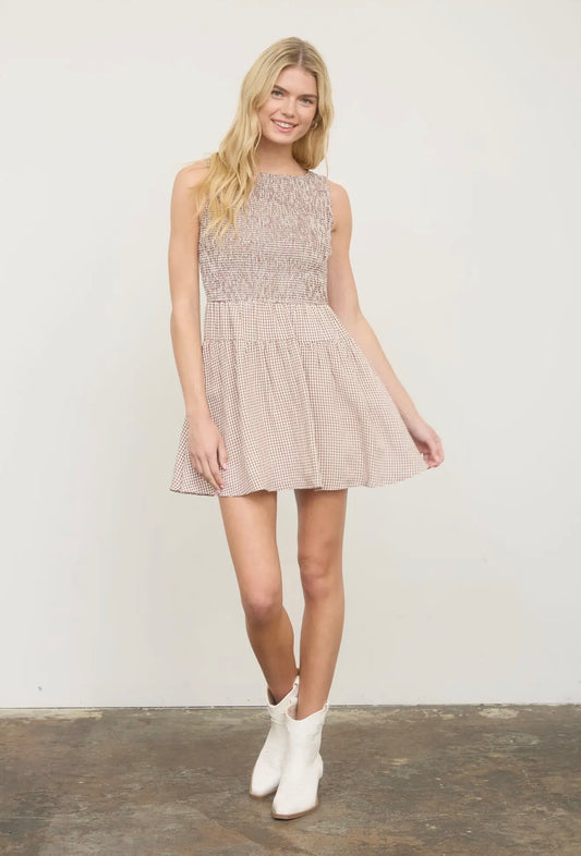 Gingham Sleeveless Smocked Mini Dress