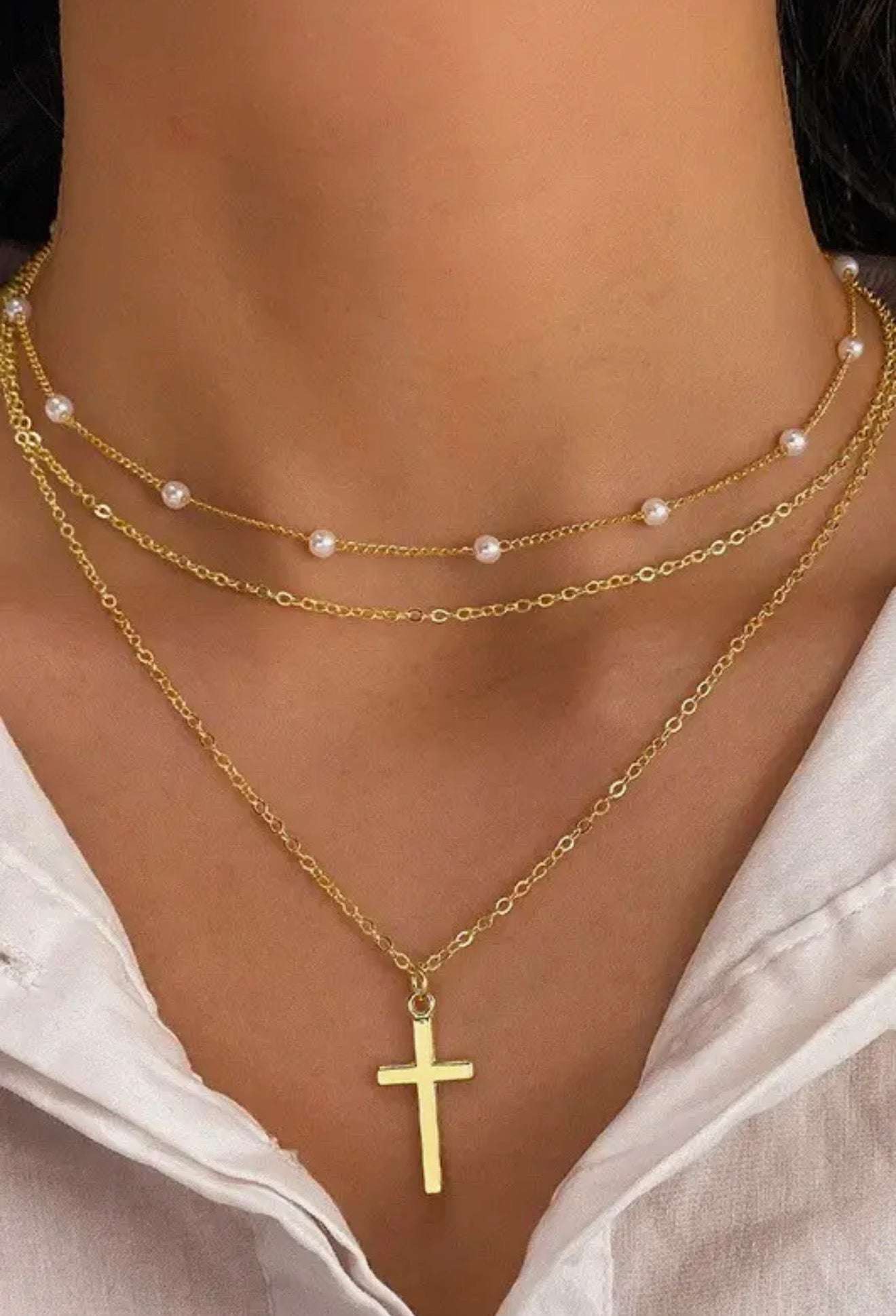 Layered Cross Pearl Necklace